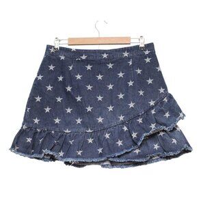 NWT Denim Mini Skirt Large Distressed Tiered Layered Stars USA Festival Boho
